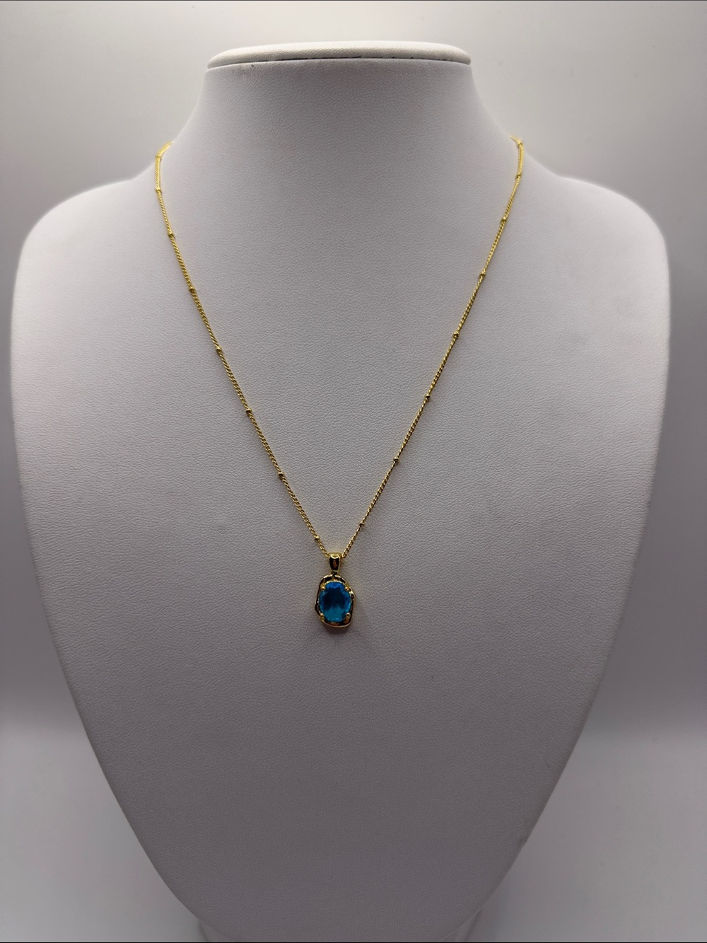 178. Gold Necklace with Blue Gemstone Pendant 18” - 20”